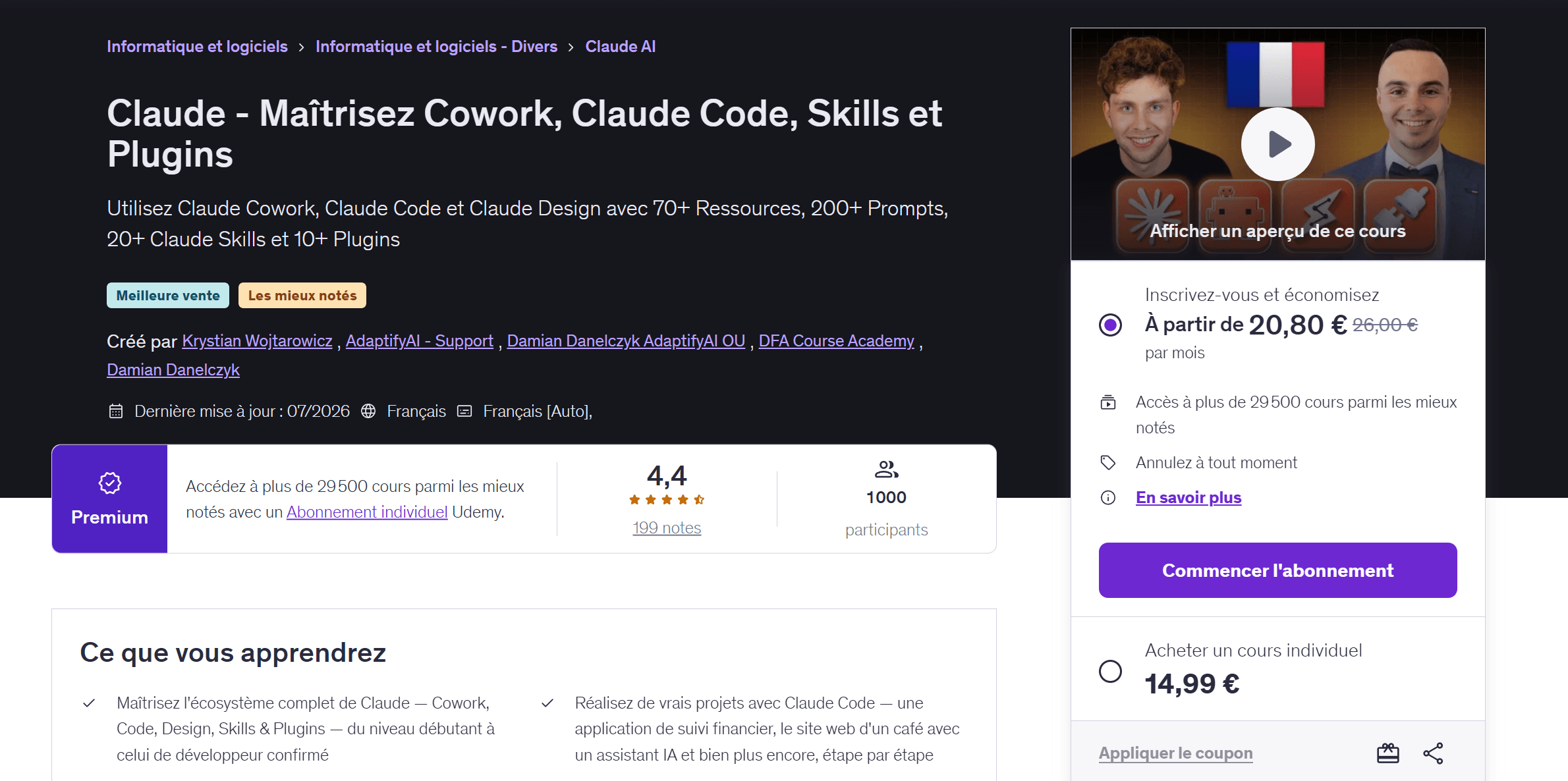 UDEMY cours Claude IA Page d'accueil Udemy cours sur Claude code